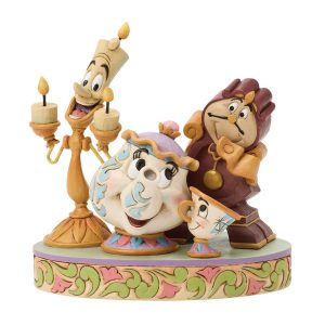 Lumiere, Mrs. Potts, Cogsworth en Chip